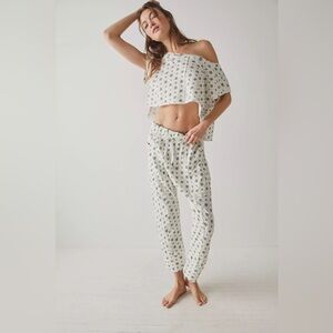 Intimately Free People Organic Cotton Lounge Pajama Set White Green XS EUC